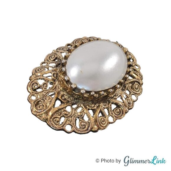 Vintage Oval Large Faux Pearl Cabochon Filigree Gold Tone Brooch Pin - Picture 3 of 7